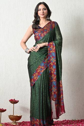 Women's green floral print chiffon saree with unstitched piece