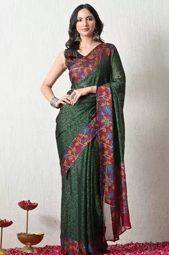 Women's green floral print chiffon saree with unstitched piece