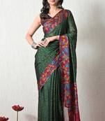 Women's green floral print chiffon saree with unstitched piece