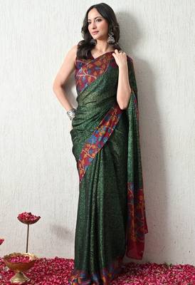 Women's green floral print chiffon saree with unstitched piece 2