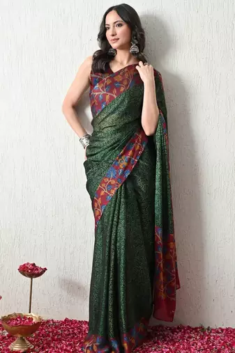 Women's green floral print chiffon saree with unstitched piece