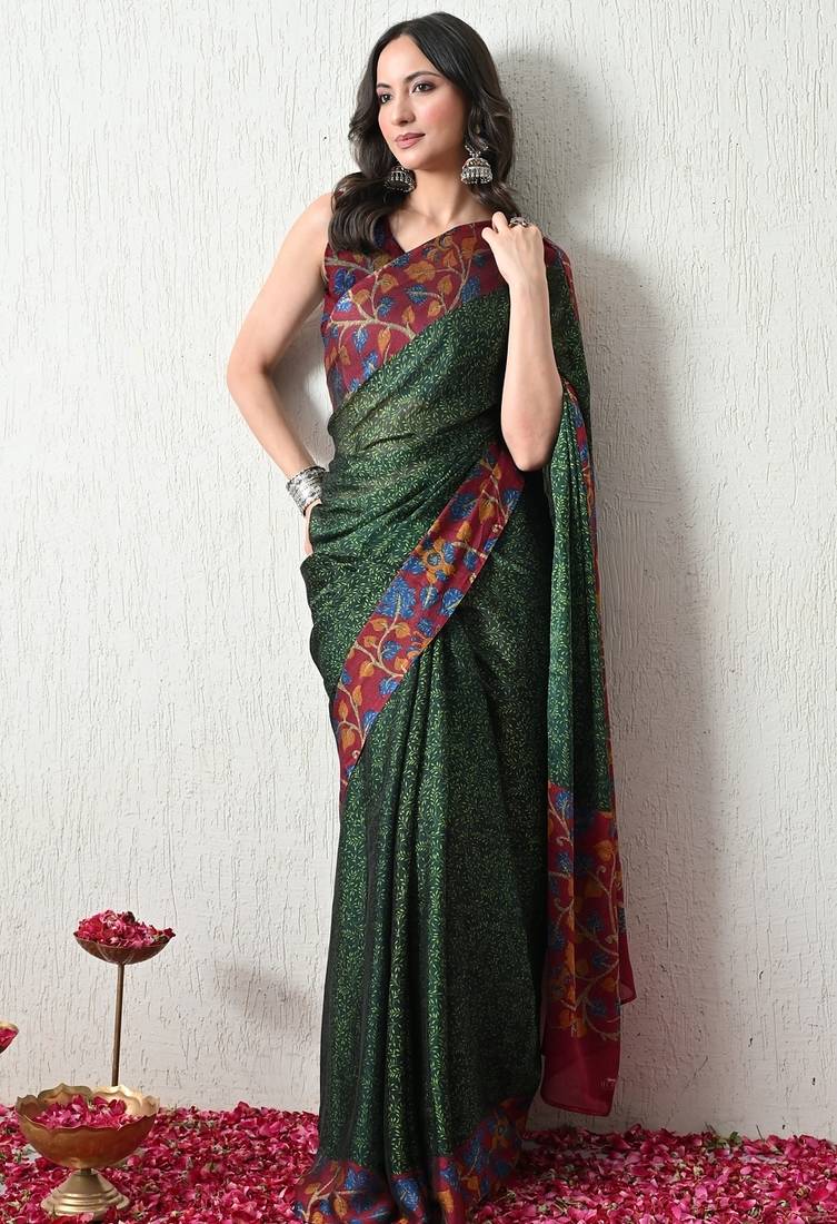 Women's green floral print chiffon saree with unstitched piece