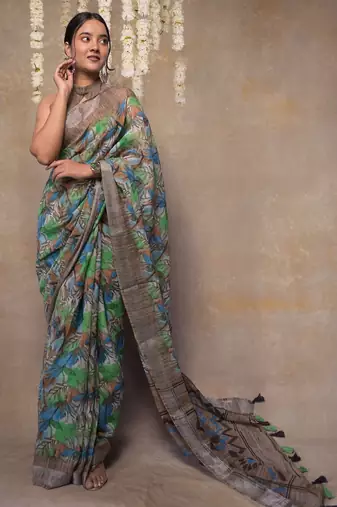 Women's green floral cotton blend saree with unstitched piece