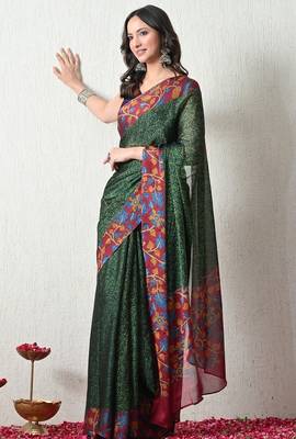 Women's green floral print chiffon saree with unstitched piece 3