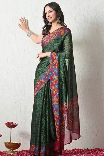 Women's green floral print chiffon saree with unstitched piece