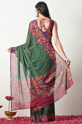 Women's green floral print chiffon saree with unstitched piece 4