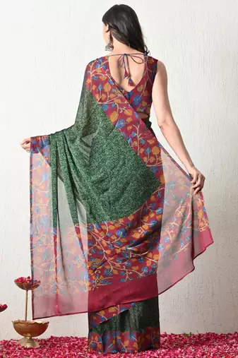 Women's green floral print chiffon saree with unstitched piece