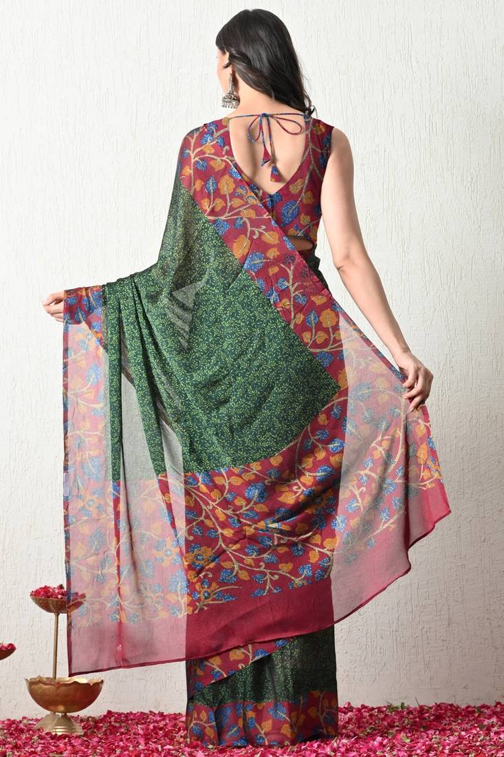 Women's green floral print chiffon saree with unstitched piece