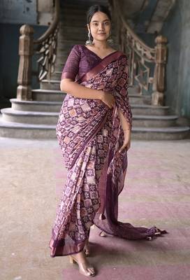 Women's purple batik cotton blend saree with unstitched piece 1