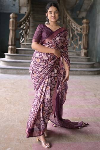 Women's purple batik cotton blend saree with unstitched piece