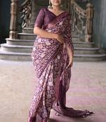Women's purple batik cotton blend saree with unstitched piece