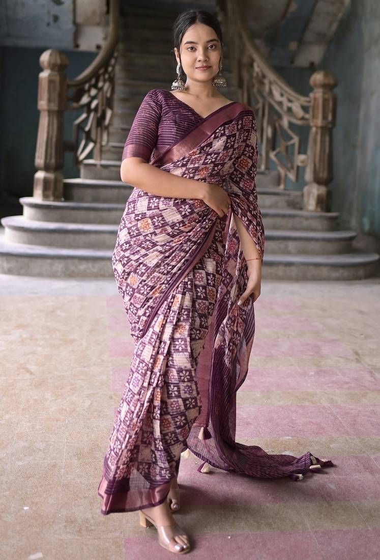Women's purple batik cotton blend saree with unstitched piece