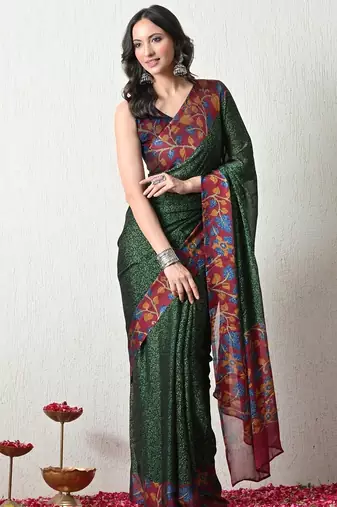 Women's green floral print chiffon saree with unstitched piece