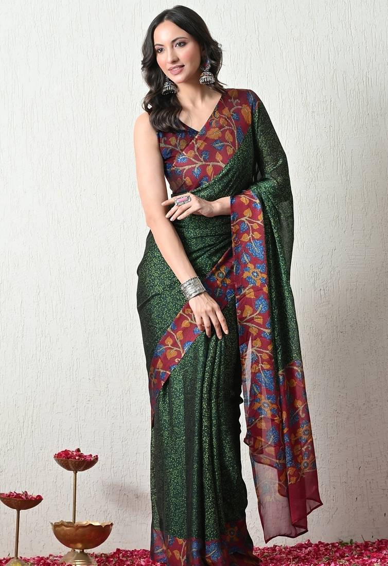 Women's green floral print chiffon saree with unstitched piece