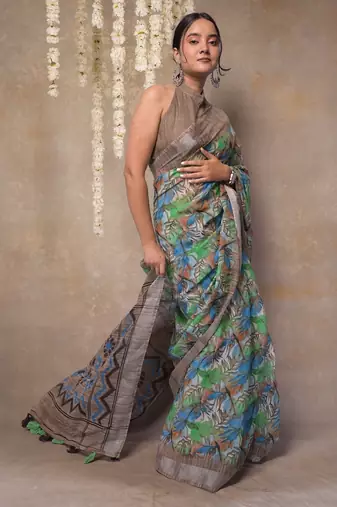 Women's green floral cotton blend saree with unstitched piece