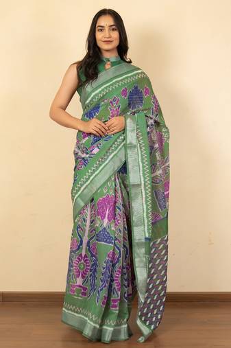Women's green ikkat print cotton silk blend saree with unstitched piece