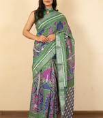 Women's green ikkat print cotton silk blend saree with unstitched piece