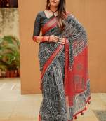 Women's black bagru cotton blend saree with unstitched piece