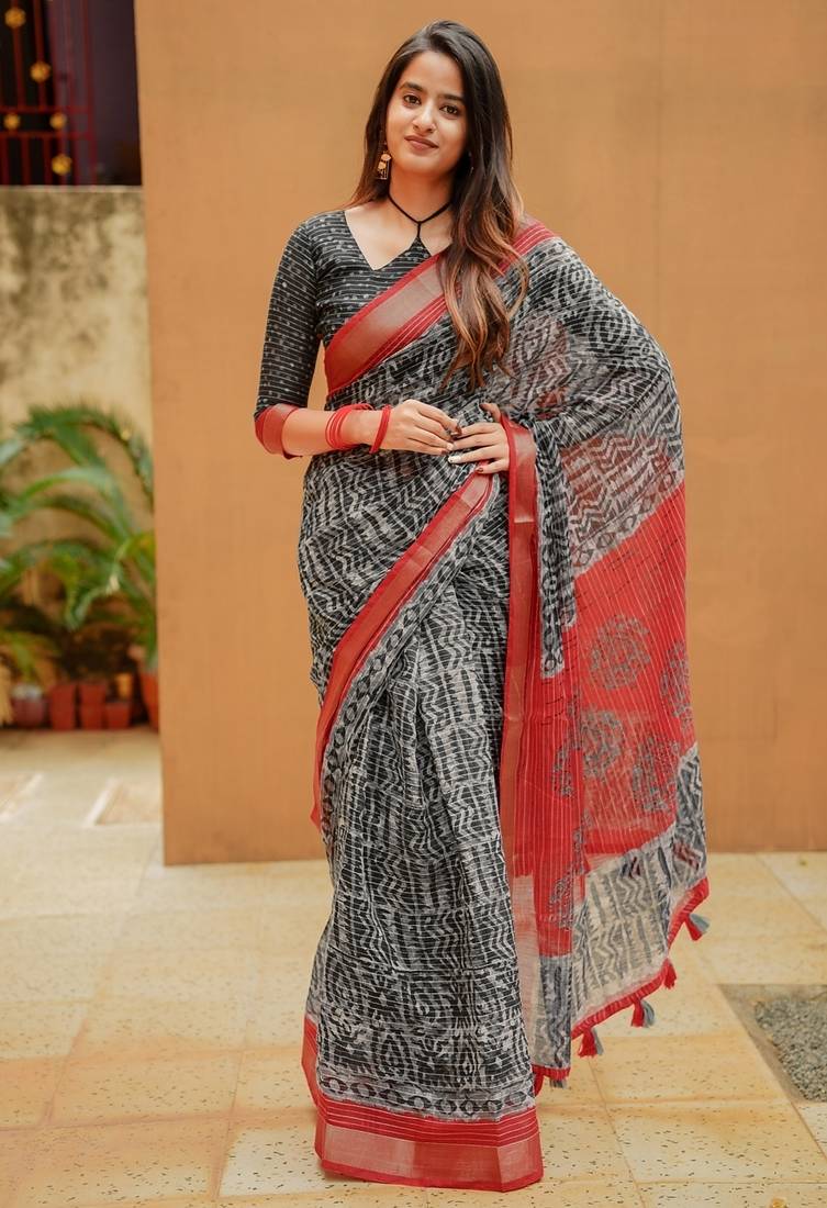 Women's black bagru cotton blend saree with unstitched piece