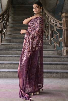 Women's purple batik cotton blend saree with unstitched piece 2