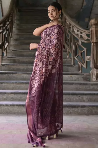 Women's purple batik cotton blend saree with unstitched piece