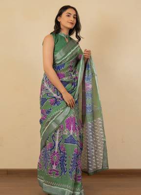 Women's green ikkat print cotton silk blend saree with unstitched piece 2