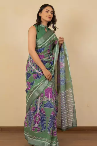 Women's green ikkat print cotton silk blend saree with unstitched piece
