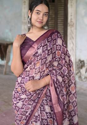 Women's purple batik cotton blend saree with unstitched piece 3