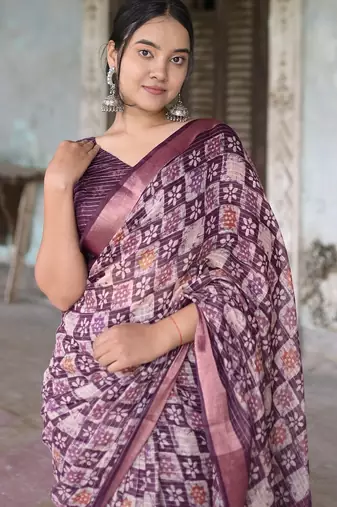 Women's purple batik cotton blend saree with unstitched piece