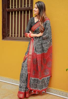 Women's black bagru cotton blend saree with unstitched piece 2