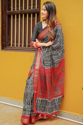 Women's black bagru cotton blend saree with unstitched piece