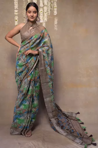 Women's green floral cotton blend saree with unstitched piece