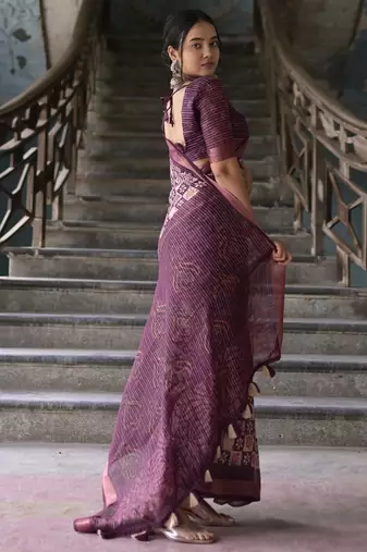 Women's purple batik cotton blend saree with unstitched piece