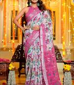 Women's off white floral cotton blend saree with unstitched piece