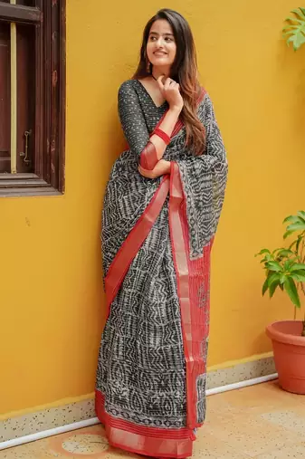 Women's black bagru cotton blend saree with unstitched piece