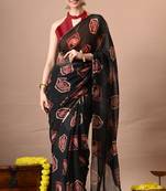 Women's black paisley,block print georgette saree with unstitched piece