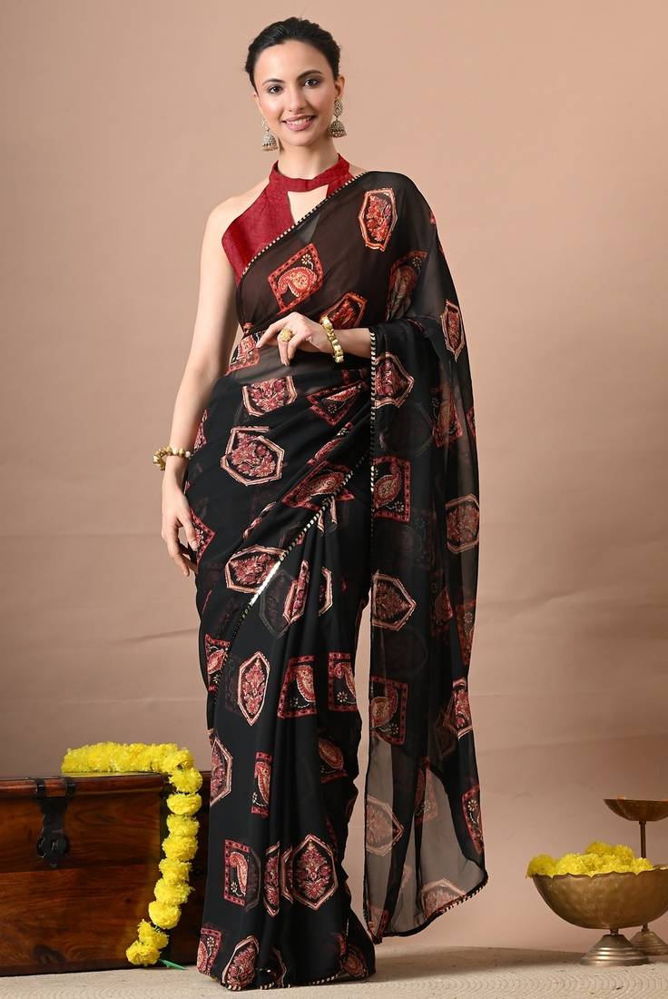 Women's black paisley,block print georgette saree with unstitched piece
