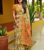 Women's yellow floral cotton blend saree with unstitched piece