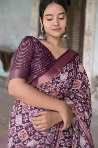Women's purple batik cotton blend saree with unstitched piece