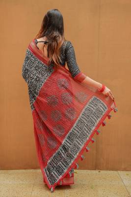 Women's black bagru cotton blend saree with unstitched piece 4