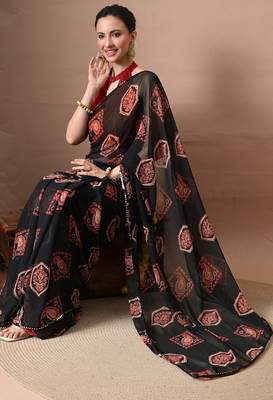 Women's black paisley,block print georgette saree with unstitched piece 2