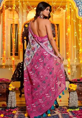 Women's off white floral cotton blend saree with unstitched piece 2