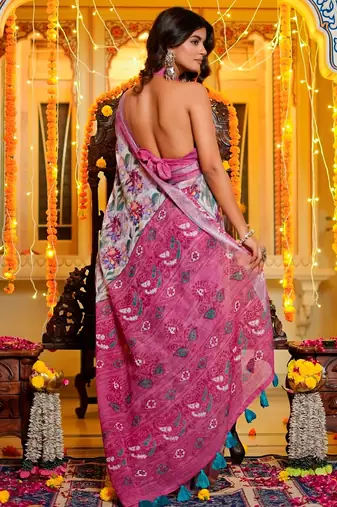 Women's off white floral cotton blend saree with unstitched piece