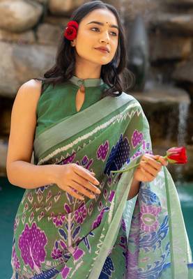 Women's green ikkat print cotton silk blend saree with unstitched piece 5