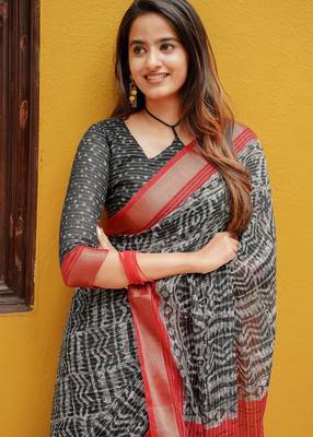 Women's black bagru cotton blend saree with unstitched piece 5