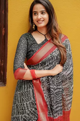 Women's black bagru cotton blend saree with unstitched piece