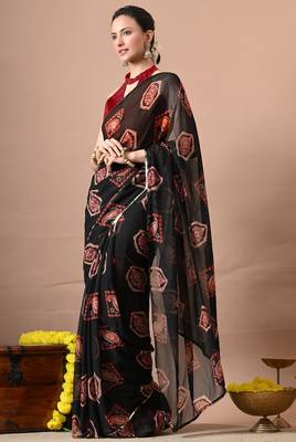Women's black paisley,block print georgette saree with unstitched piece 3