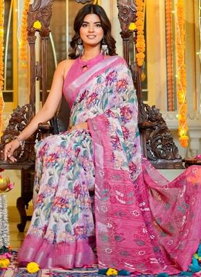 Women's off white floral cotton blend saree with unstitched piece 3