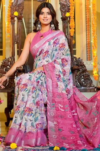 Women's off white floral cotton blend saree with unstitched piece