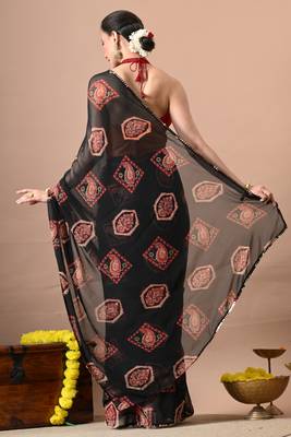Women's black paisley,block print georgette saree with unstitched piece 4
